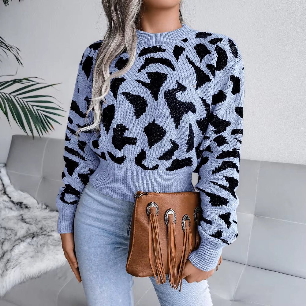 Women’s Leopard Print Sweater – Cozy Long Sleeve Knit Pullover for Fall & Winter