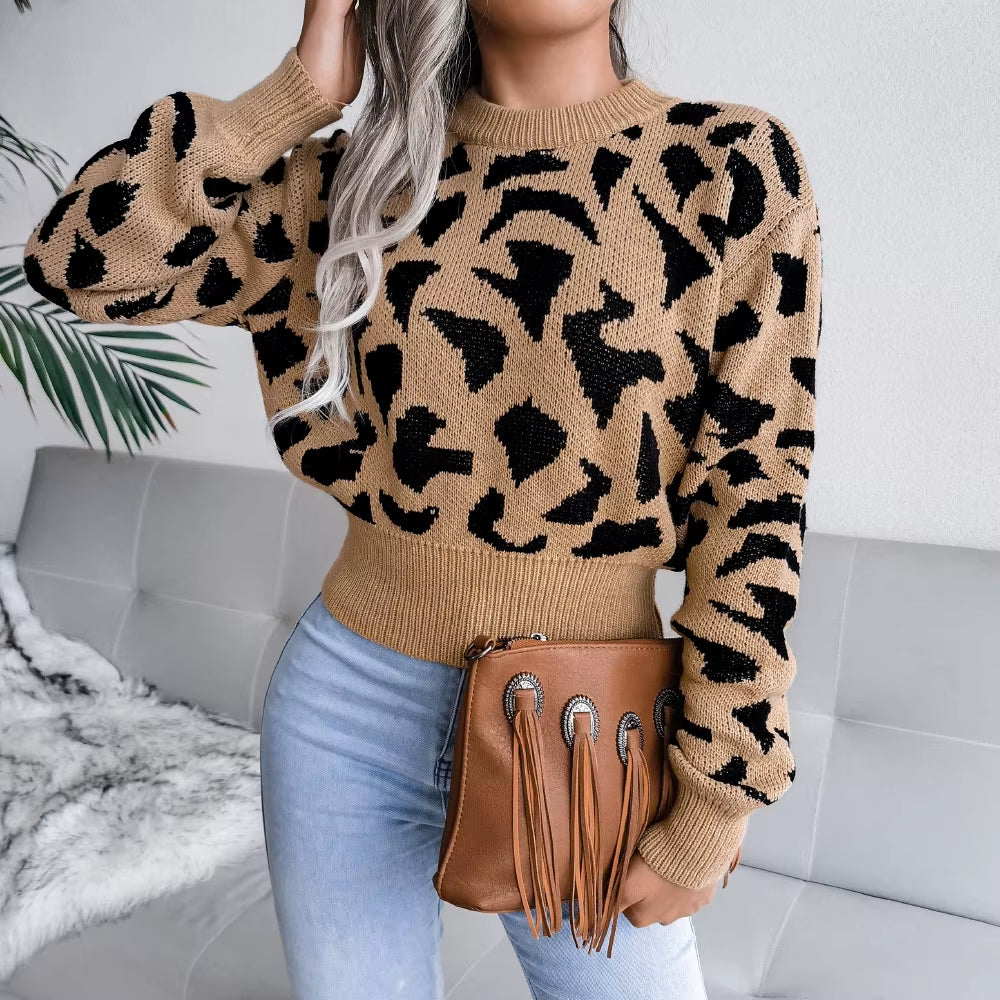 Women’s Leopard Print Sweater – Cozy Long Sleeve Knit Pullover for Fall & Winter