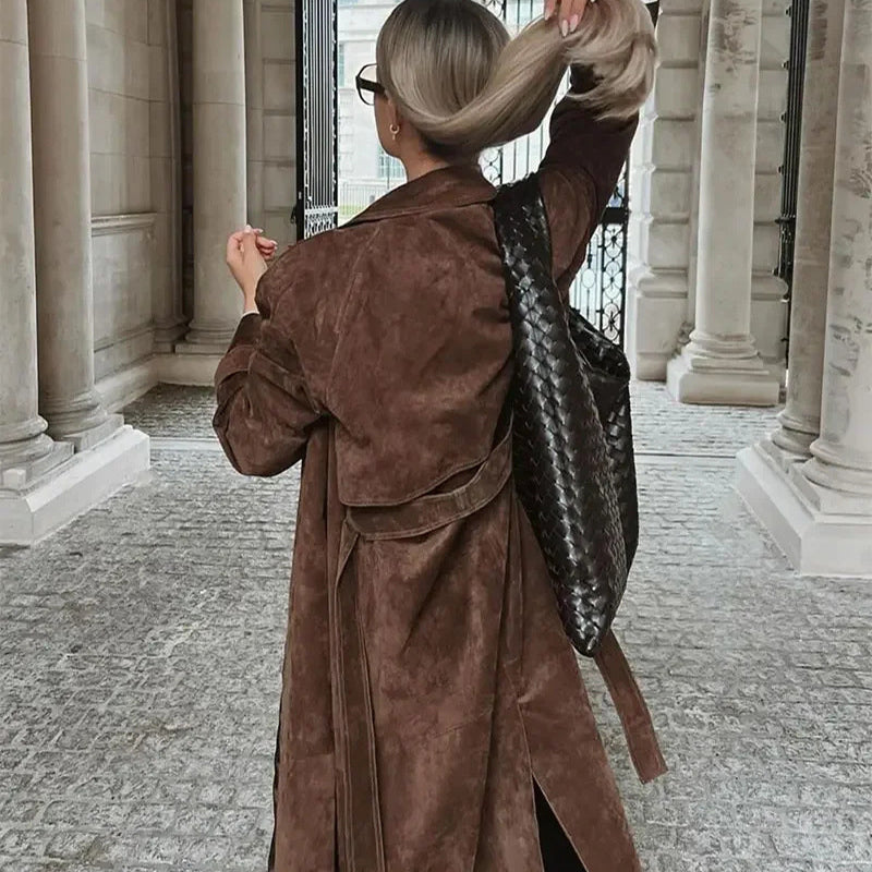 Women's Long Trench Coat with Belt – Elegant Double-Breasted Winter Outerwear