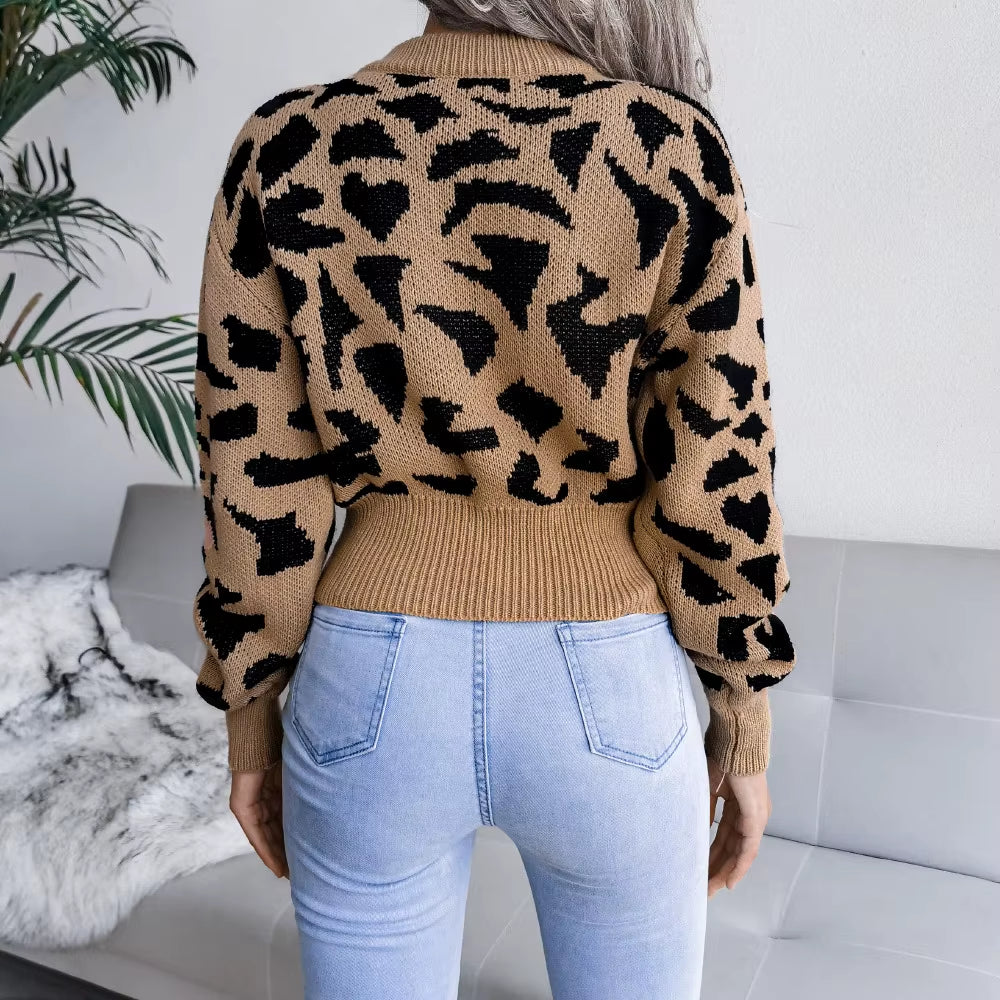Women’s Leopard Print Sweater – Cozy Long Sleeve Knit Pullover for Fall & Winter
