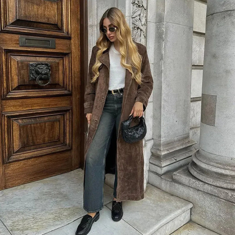 Women's Long Trench Coat with Belt – Elegant Double-Breasted Winter Outerwear