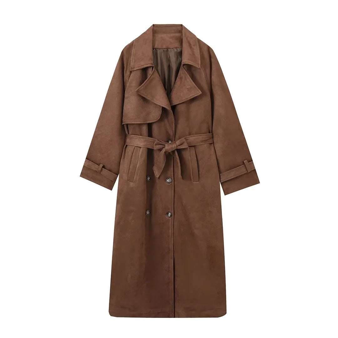 Women's Long Trench Coat with Belt – Elegant Double-Breasted Winter Outerwear