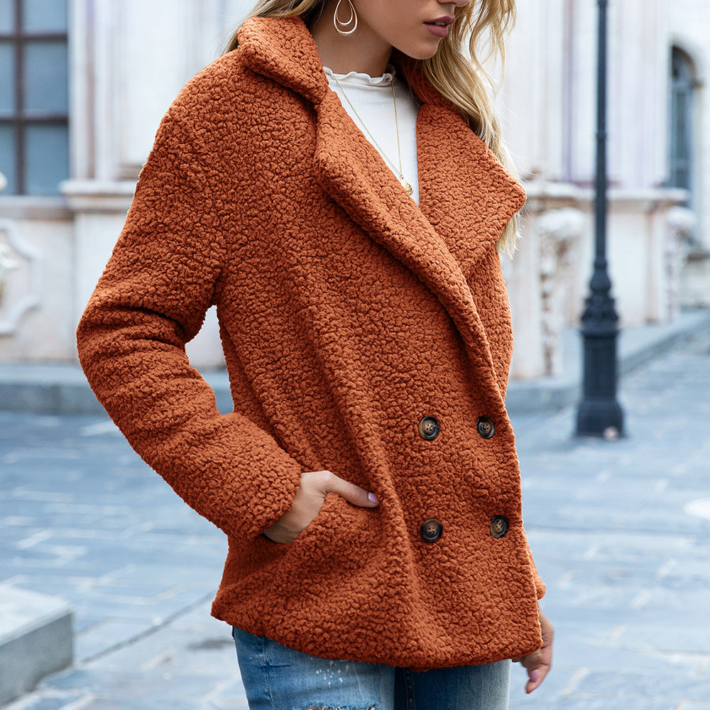 Loose Lapel Fluffy Winter Coat – Elegant Button-Up Outerwear for Women